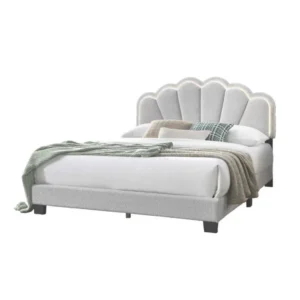 Madsy Full Bed, White Upholstered Fan-Shaped Headboard, Metallic Accents
