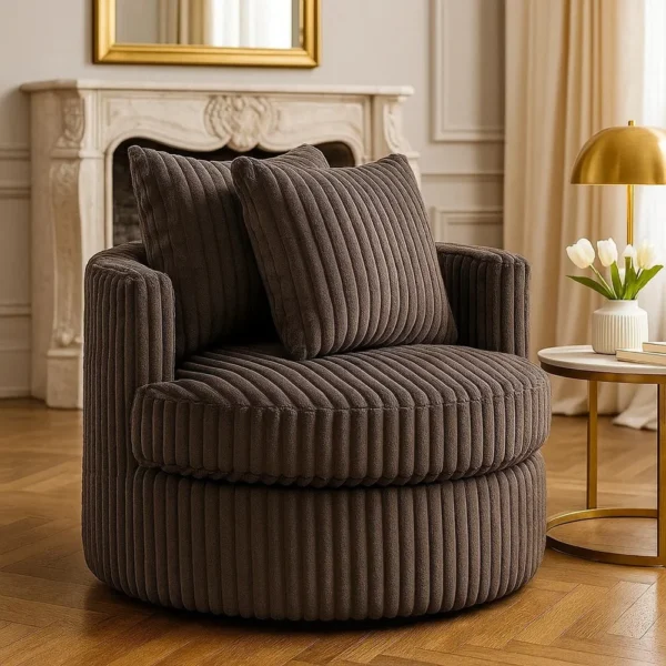Tamara Round Swivel Chair with 2 Back Cushions, Brown Corduroy