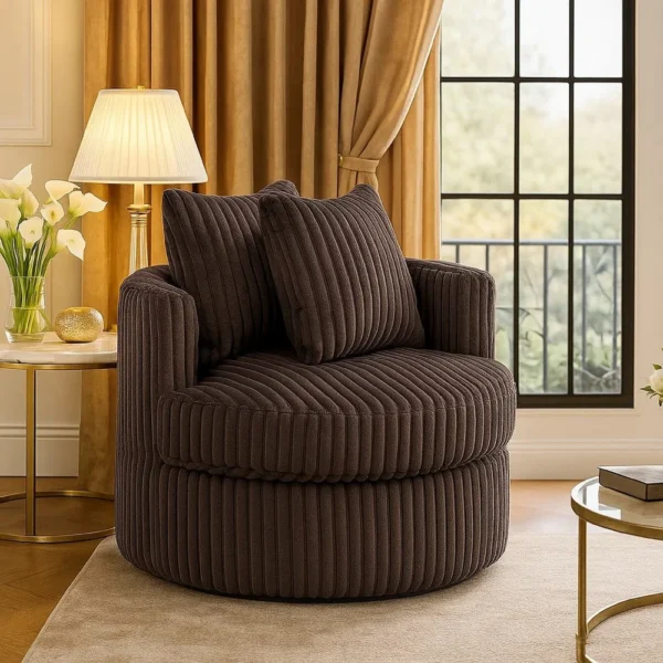 Tamara Round Swivel Chair with 2 Back Cushions, Brown Corduroy