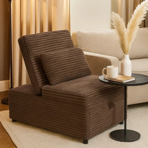 BM341123_5 Danyl Convertible Sofa with Pull-Out Bed, Brown Channel Tufted Corduroy