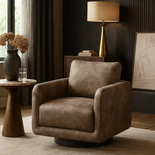 BM341127_5 Wade Swivel Armchair, Square Frame, Auburn Red Faux Leather