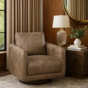 Wade Swivel Armchair, Square Frame, Auburn Red Faux Leather