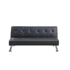 Milana Convertible Sofa Bed, USB Port, Black Faux Leather, 66 Inch