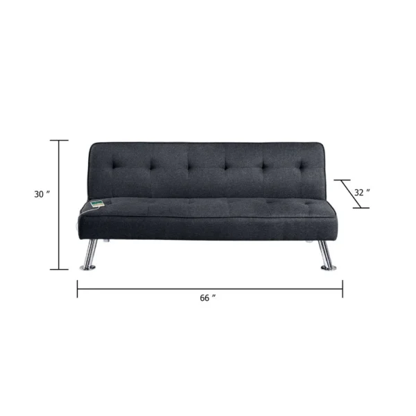 Milana Convertible Sofa Bed, USB Port, Black Fabric, 66 Inch