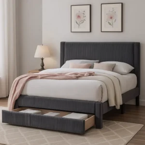 Daisy Full Bed w Drawer, Dark Gray Corduroy Upholstery, Foam Headboard