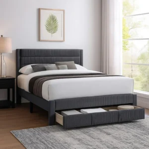 Daisy Full Bed w Drawer, Charcoal Gray Corduroy Upholstery, Foam