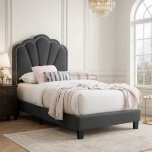 Roxy Twin Bed, Charcoal Gray Wool, LED Lighting, Padded Headboard