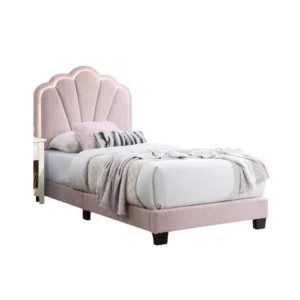 Roxy Twin Bed, Pink Wool Upholstery, LED Lighting, Padded Headboard