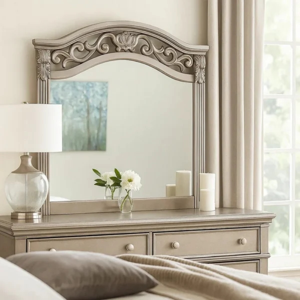 BM341145_5 Dresser Mirror, Antique Silver Pine Wood, Molded Frame Detail, 37x41