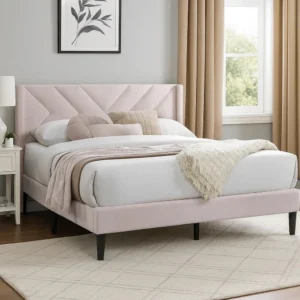 Niasa Full Size Bed, Chevron Tufted Pink Velvet Upholstered Foam