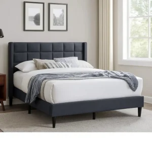 Zensa Full Bed, Charcoal Gray Linen Upholstery, Padded Wing Headboard