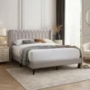 BM341151_5 Liana Full Bed, Tufted Light Brown Burlap Upholstery, Foam Padding