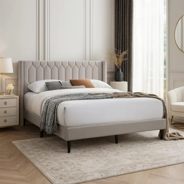 BM341151_5 Liana Full Bed, Tufted Light Brown Burlap Upholstery, Foam Padding