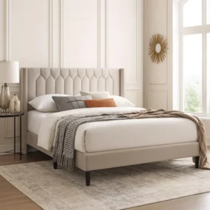 Liana Full Bed, Tufted Light Brown Burlap Upholstery, Foam Padding