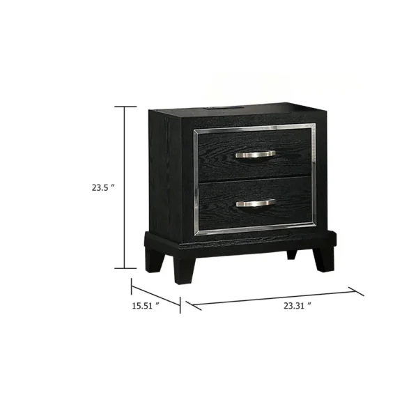 Nightstand with Charging Station, 2 Drawers, Black Rubberwood 24 Inch