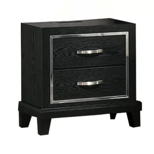 Nightstand with Charging Station, 2 Drawers, Black Rubberwood 24 Inch