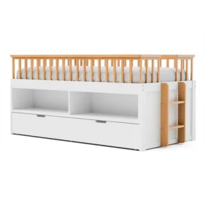 Lexo Twin Bookcase Bunk Bed w Trundle and Ladder, White & Natural Oak