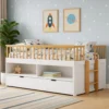 BM342275_5 Lexo Twin Bookcase Bunk Bed w Trundle and Ladder, White & Natural Oak