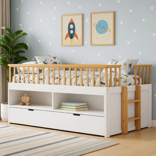 BM342275_5 Lexo Twin Bookcase Bunk Bed w Trundle and Ladder, White & Natural Oak