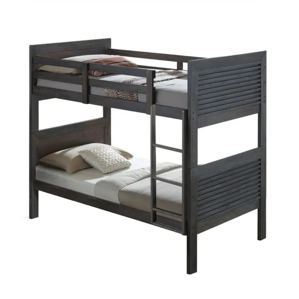 BM342279 Wexo Twin over Twin Bunk Bed, Charcoal Brown Slat Design and Ladder