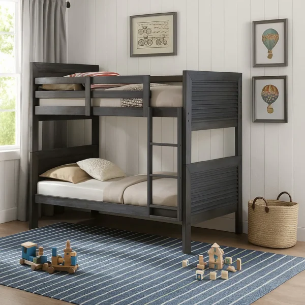 BM342279_5 Wexo Twin over Twin Bunk Bed, Charcoal Brown Slat Design and Ladder