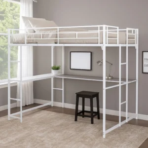 Dexo Twin Loft Bed with Built in Workstation and Ladder, White Metal
