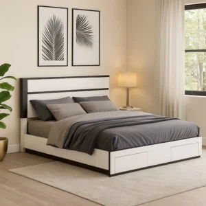 Kena Queen Size Bed, White Gray Panel Headboard, Footboard Storage Drawers