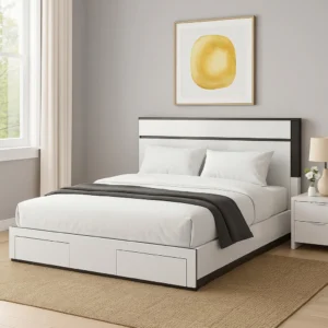Kena Queen Size Bed, White Gray Panel Headboard, Low Profile Footboard