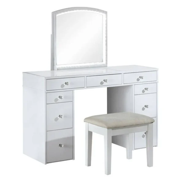 BM342298 Texo 3pc White Vanity Table Set with LED Mirror and Beige Padded Stool
