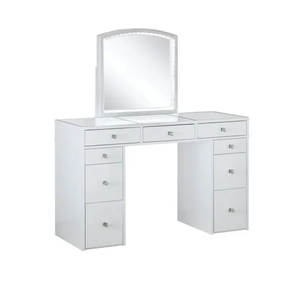 BM342298_1 Texo 3pc White Vanity Table Set with LED Mirror and Beige Padded Stool
