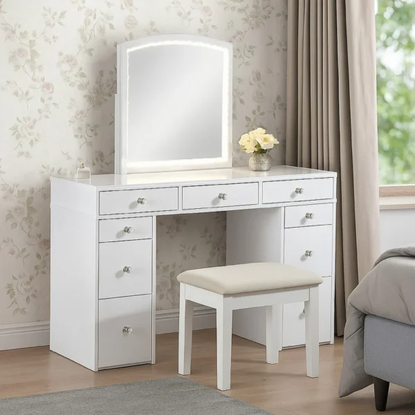 BM342298_5 Texo 3pc White Vanity Table Set with LED Mirror and Beige Padded Stool