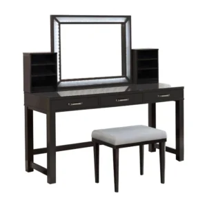 Jexo 3pc Cherry Vanity Table Set with LED Mirror, 3 Drawer, Gray Padded Stool