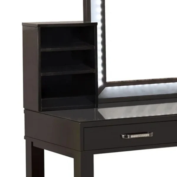 Jexo 3pc Cherry Vanity Table Set with LED Mirror, 3 Drawer, Gray Padded Stool