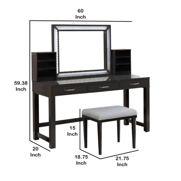 Jexo 3pc Cherry Vanity Table Set with LED Mirror, 3 Drawer, Gray Padded Stool