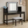 Jexo 3pc Cherry Vanity Table Set with LED Mirror, 3 Drawer, Gray Padded Stool
