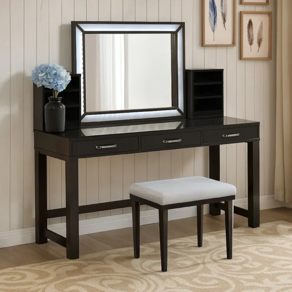 Jexo 3pc Cherry Vanity Table Set with LED Mirror, 3 Drawer, Gray Padded Stool