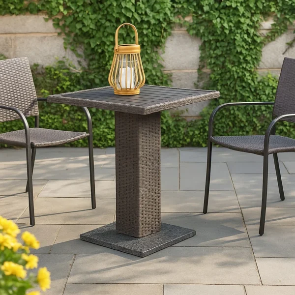 BM342307_5 Nia Bistro Outdoor Table, Marble Base, Gray PE Rattan Frame, 27 Inch