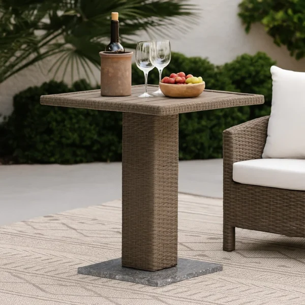 Nia Bistro Outdoor Table, Marble Base, Brown PE Rattan Frame, 27 Inch