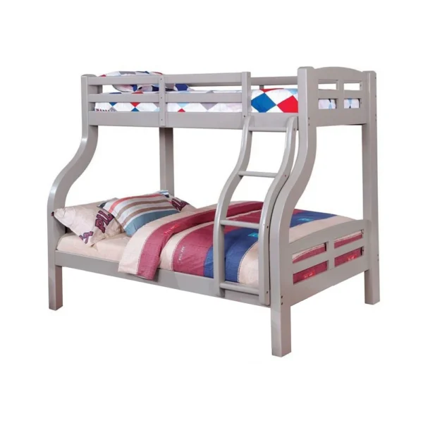 Tedy Twin over Full Bunk Bed with Curved Ladder, Guardrails, Gray