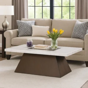 Asten Coffee Table, 48 Inch White Marble, Walnut Brown Pedestal Base