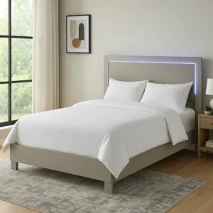 Suni King Size Bed w LED Headboard, Light Taupe Gray Wood Frame