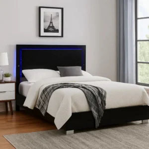 Suni King Size Bed w LED Headboard, Piano Black Wood Frame