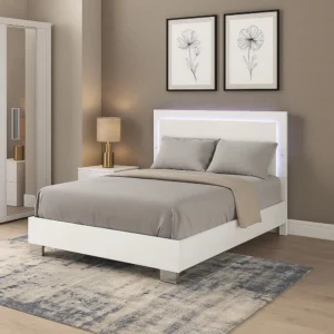 Suni Queen Size Bed w LED on Headboard, White Wood Frame, Chrome Legs
