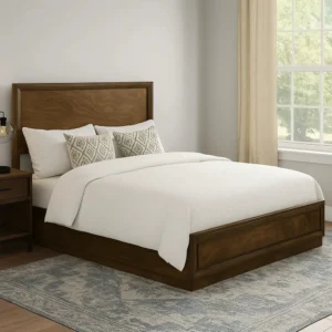 Rouk Queen Size Bed w Panel Headboard, Walnut Brown Okume Veneer