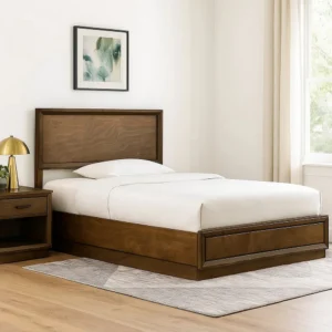 Rouk Twin Size Bed w Panel Headboard, Walnut Brown Okume Veneer