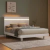 Yoki Queen Size Bed w Underbed LED, Acrylic Gold Trim, White Frame