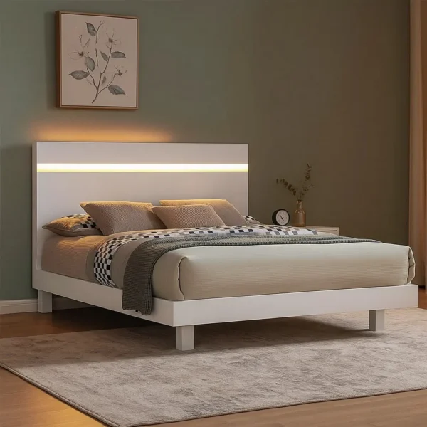 Yoki Queen Size Bed w Underbed LED, Acrylic Gold Trim, White Frame