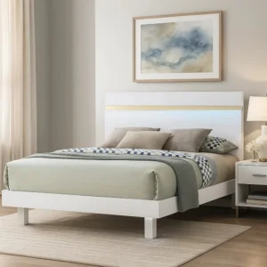 Yoki Queen Size Bed w Underbed LED, Acrylic Gold Trim, White Frame
