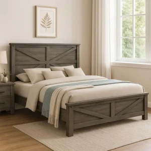 Bry Queen Size Bed w Chevron Panel Headboard, Rustic Gray Wood Frame