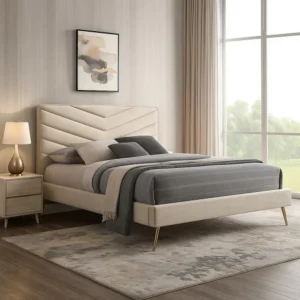 Vevy Twin Size Bed, Chevron Tufted Beige Flannelette Upholstery